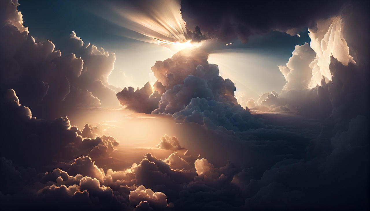 Ta A surreal landscape of white fluffy clouds illu